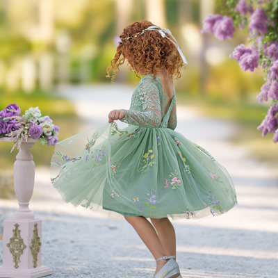 Floral Embroidered Tulle Dress – Long Sleeve Knee Length