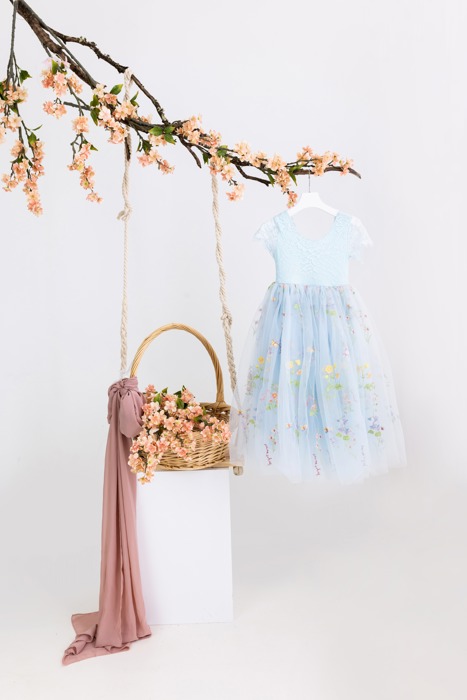 Floral Embroidered Tulle Dress – Short Sleeve Knee Length   7 Colors 