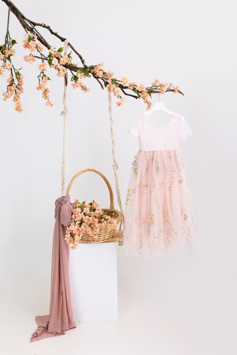 Floral Embroidered Tulle Dress – Short Sleeve Knee Length   7 Colors 