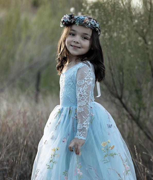 Floral Embroidered Tulle Dress – Long Sleeve Knee Length