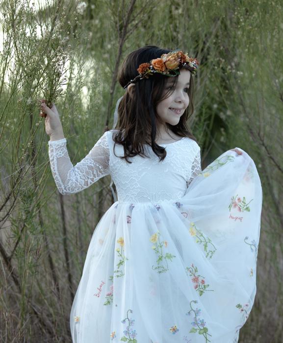 Floral Embroidered Tulle Dress – Long Sleeve Knee Length