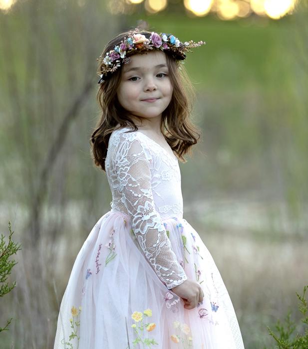 Floral Embroidered Tulle Dress – Long Sleeve Knee Length