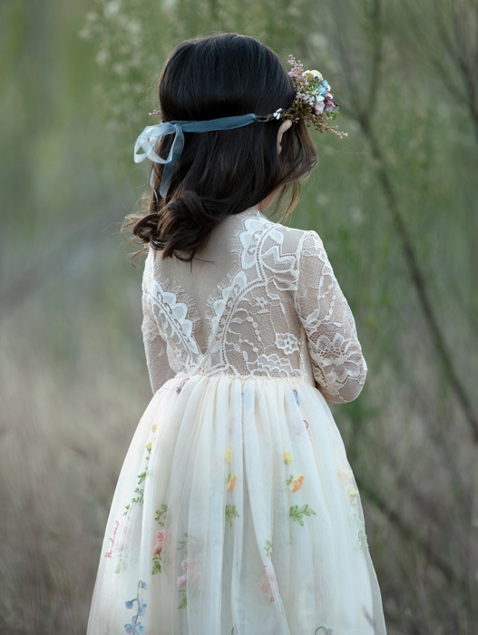 Floral Embroidered Tulle Dress – Long Sleeve Knee Length
