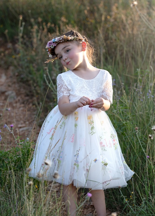 Floral Embroidered Tulle Dress – Short Sleeve Knee Length   7 Colors 