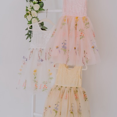 Floral Embroidered Tulle Dress – Sleeveless Knee Length