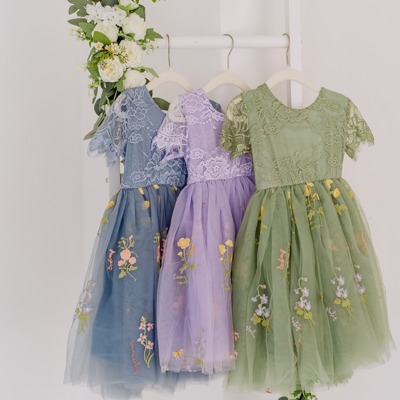 Floral Embroidered Tulle Dress – Short Sleeve Knee Length   7 Colors 