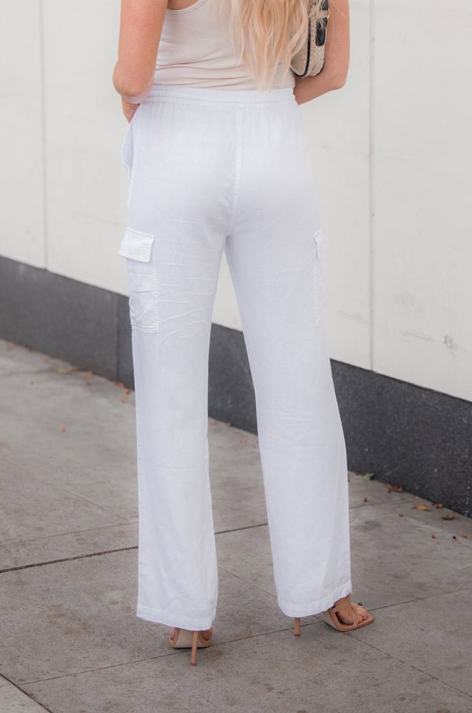 White Serena Straight Leg Cargo Linen Pants