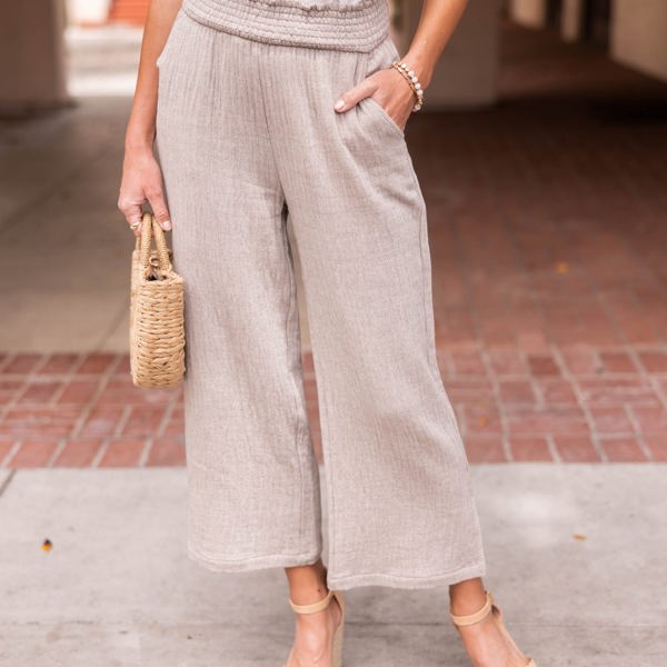 Smocked Waist Side Slit Cropped Straight Leg Pant