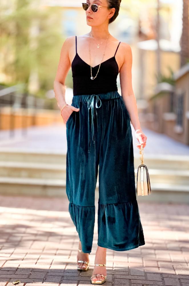 Velvet Tiered Wide Leg Crop Pants