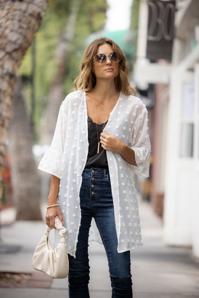 Swiss Dot Ruffle Midi Sleeve Flowy Cardigan