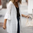 M-L White Swiss Dot Ruffle Midi Sleeve Flowy Cardigan