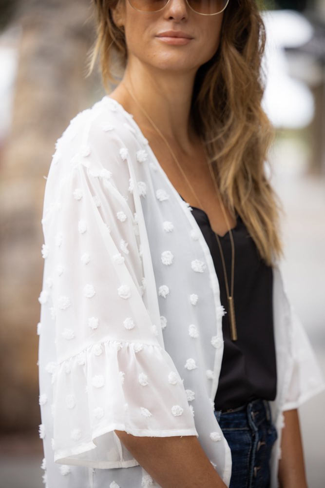 Swiss Dot Ruffle Midi Sleeve Flowy Cardigan