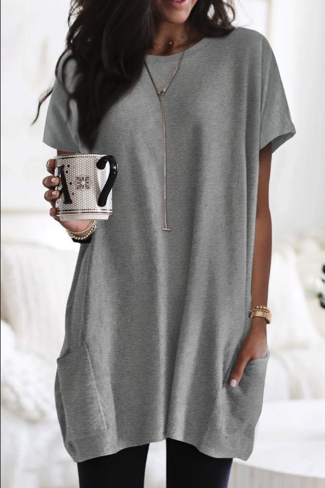 Loose Pocket Casual Short Sleeve Tunic Top