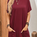 Small Red Loose Pocket Casual Short Sleeve Tunic Top