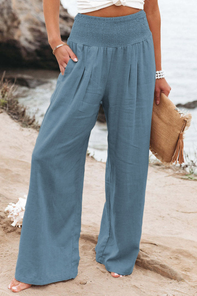 Loose Smocked High Waist Wide Leg Trousers