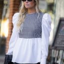  Houndstooth Pleated Puff Sleeve Blouse