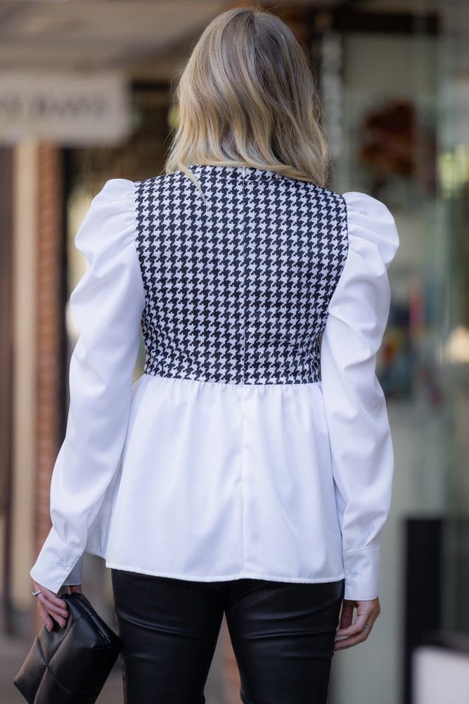 Houndstooth Pleated Puff Sleeve Blouse