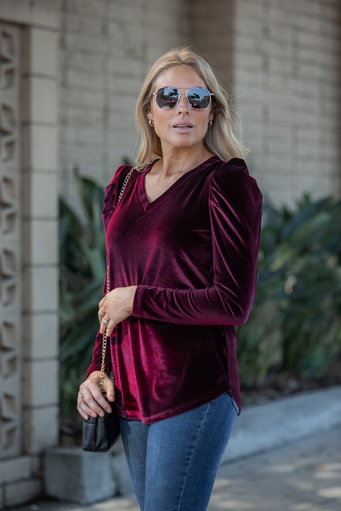 Pleated Long Sleeve V-neck Top