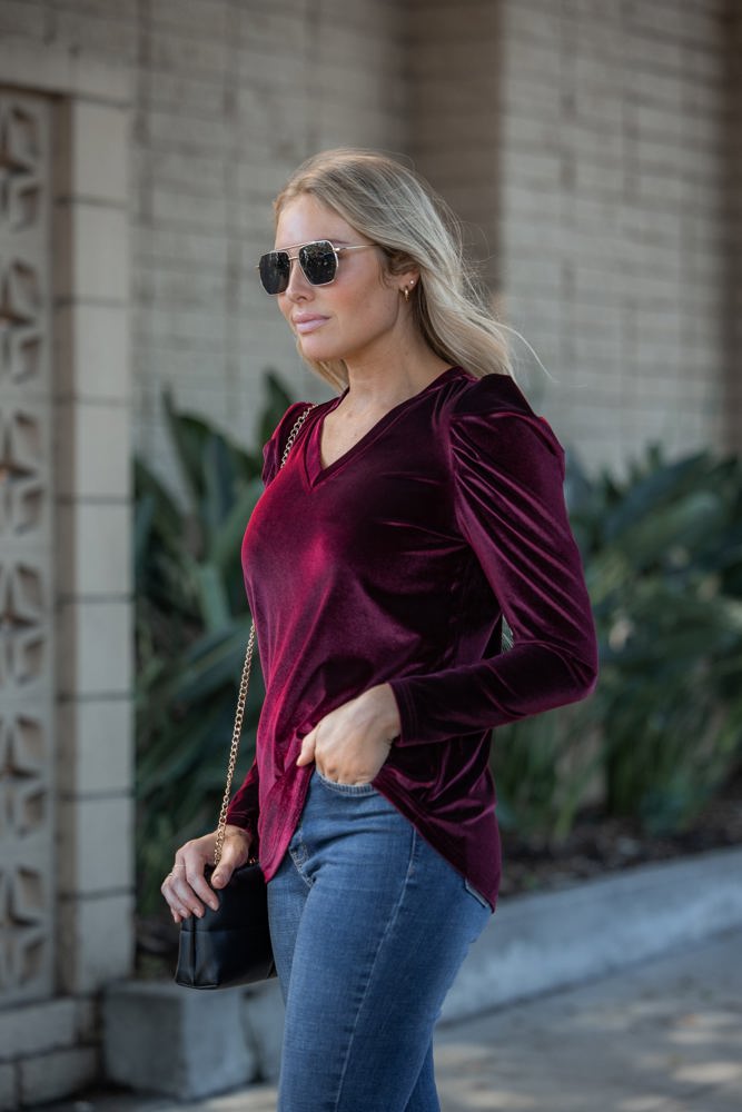 Pleated Long Sleeve V-neck Top