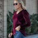 Small WINE Pleated Long Sleeve V-neck Top