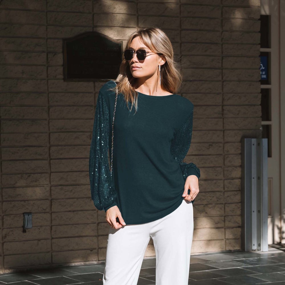 Sequin Contrast Sleeve Top