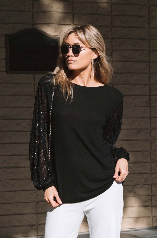 Sequin Contrast Sleeve Top