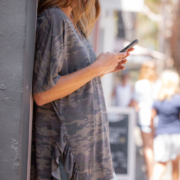 Muted Camo Short Sleeve Ruffle Side V-Neck Tee