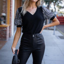 Small Black Perry Sequin Puff Sleeve Top