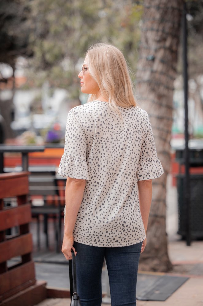 Flare Ruffle Sleeve Hem Dot Print Top