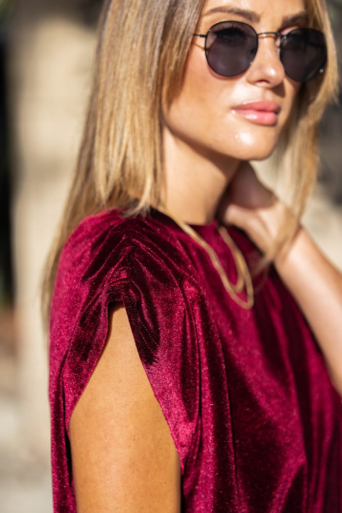 Velvet Rouge Ruched Shoulder Top