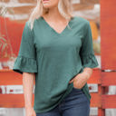 XL Green Button Back V-Neck Ruffle Sleeve Top