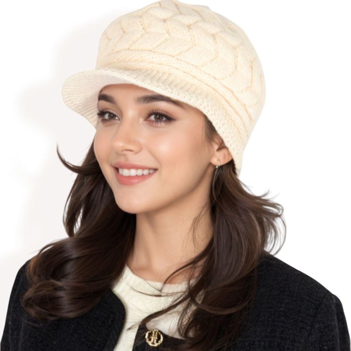 Women's Knitted Newsboy Cap with Braided Cable Pattern and Stylish Brim Design