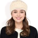 Beige Women's Knitted Newsboy Cap with Braided Cable Pattern and Stylish Brim Design