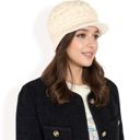 Beige Women's Knitted Newsboy Cap with Braided Cable Pattern and Stylish Brim Design