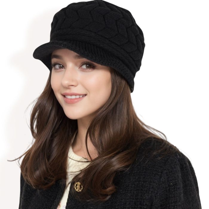 Women's Knitted Newsboy Cap with Braided Cable Pattern and Stylish Brim Design