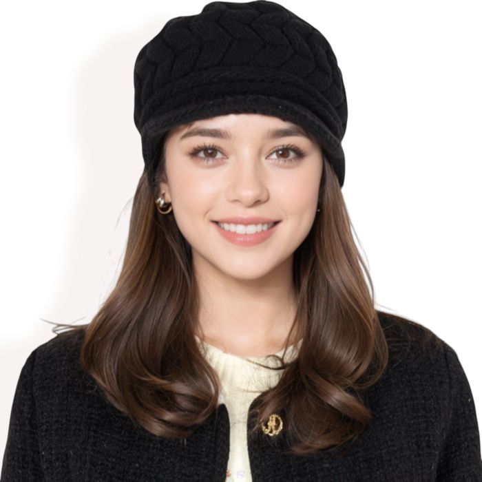 Women's Knitted Newsboy Cap with Braided Cable Pattern and Stylish Brim Design