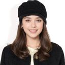 Black Women's Knitted Newsboy Cap with Braided Cable Pattern and Stylish Brim Design