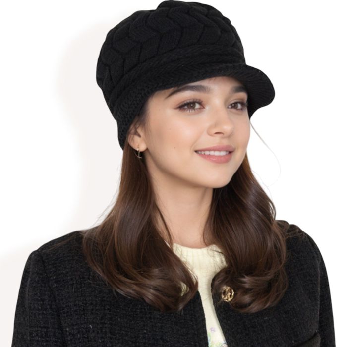 Women's Knitted Newsboy Cap with Braided Cable Pattern and Stylish Brim Design