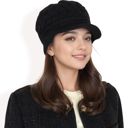 Black Women's Knitted Newsboy Cap with Braided Cable Pattern and Stylish Brim Design