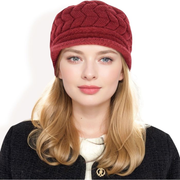 Women's Knitted Newsboy Cap with Braided Cable Pattern and Stylish Brim Design