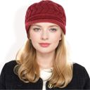 Red Women's Knitted Newsboy Cap with Braided Cable Pattern and Stylish Brim Design