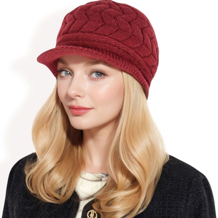 Women's Knitted Newsboy Cap with Braided Cable Pattern and Stylish Brim Design