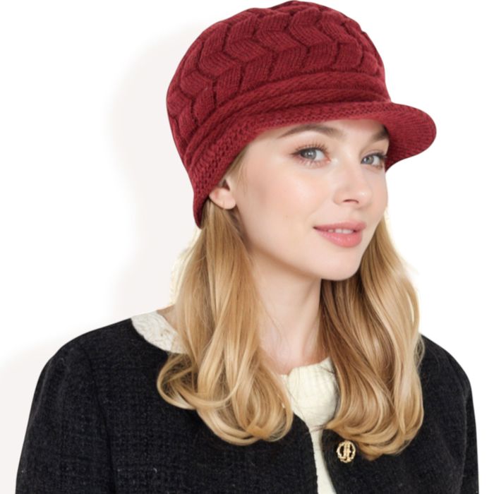 Women's Knitted Newsboy Cap with Braided Cable Pattern and Stylish Brim Design