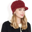 Red Women's Knitted Newsboy Cap with Braided Cable Pattern and Stylish Brim Design