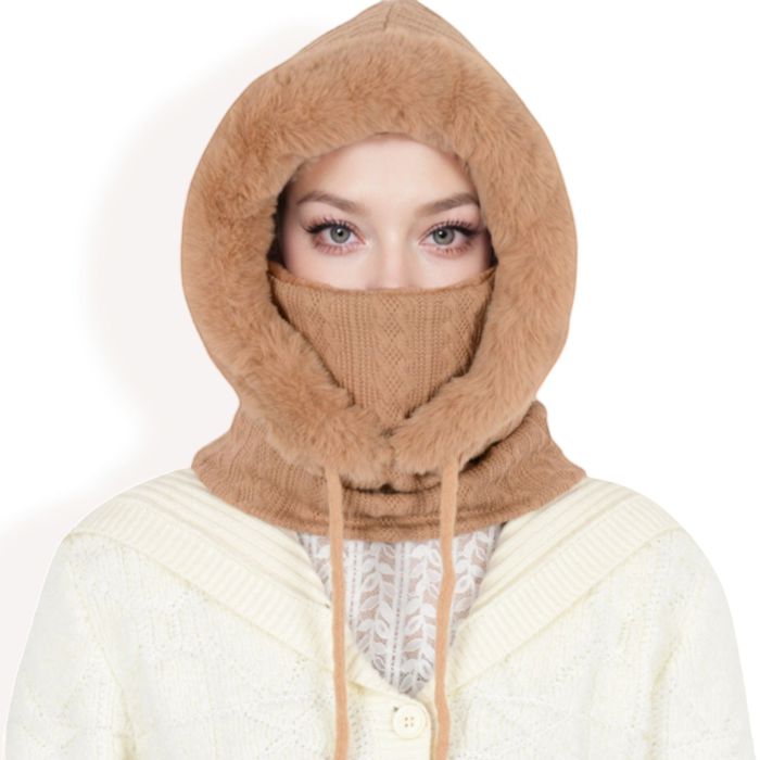 Women's Faux Fur Lined Knit Hooded Scarf with Adjustable Drawstring and Full Coverage for Winter Warmth