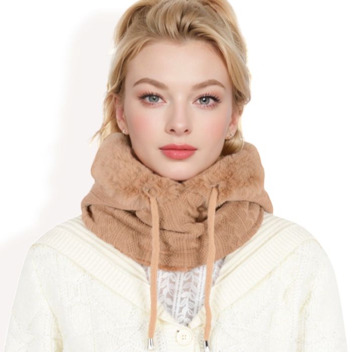 Women's Faux Fur Lined Knit Hooded Scarf with Adjustable Drawstring and Full Coverage for Winter Warmth