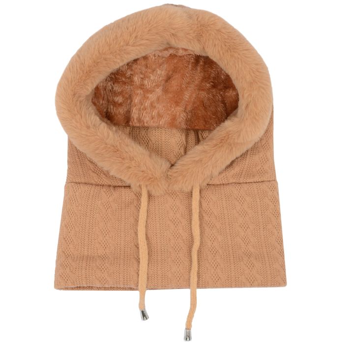 Women's Faux Fur Lined Knit Hooded Scarf with Adjustable Drawstring and Full Coverage for Winter Warmth