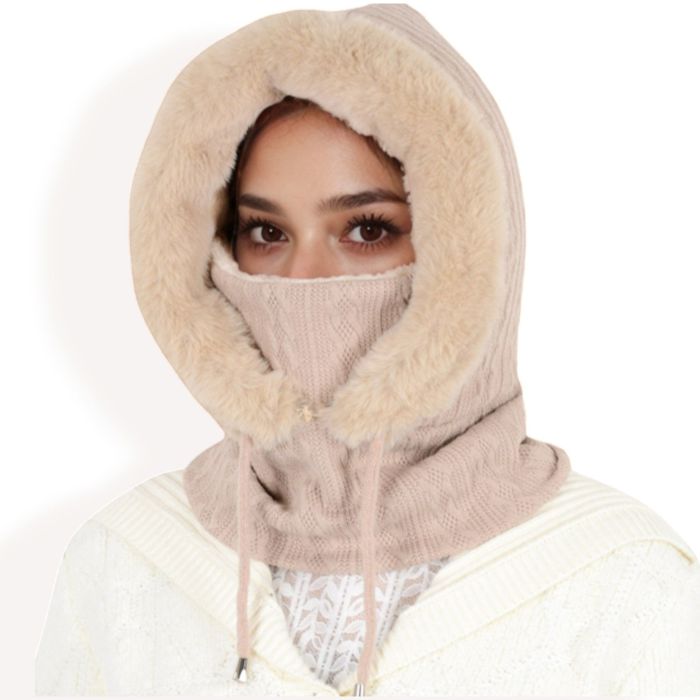 Women's Faux Fur Lined Knit Hooded Scarf with Adjustable Drawstring and Full Coverage for Winter Warmth