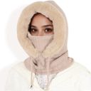 Beige Women's Faux Fur Lined Knit Hooded Scarf with Adjustable Drawstring and Full Coverage for Winter Warmth