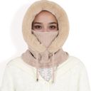 Beige Women's Faux Fur Lined Knit Hooded Scarf with Adjustable Drawstring and Full Coverage for Winter Warmth